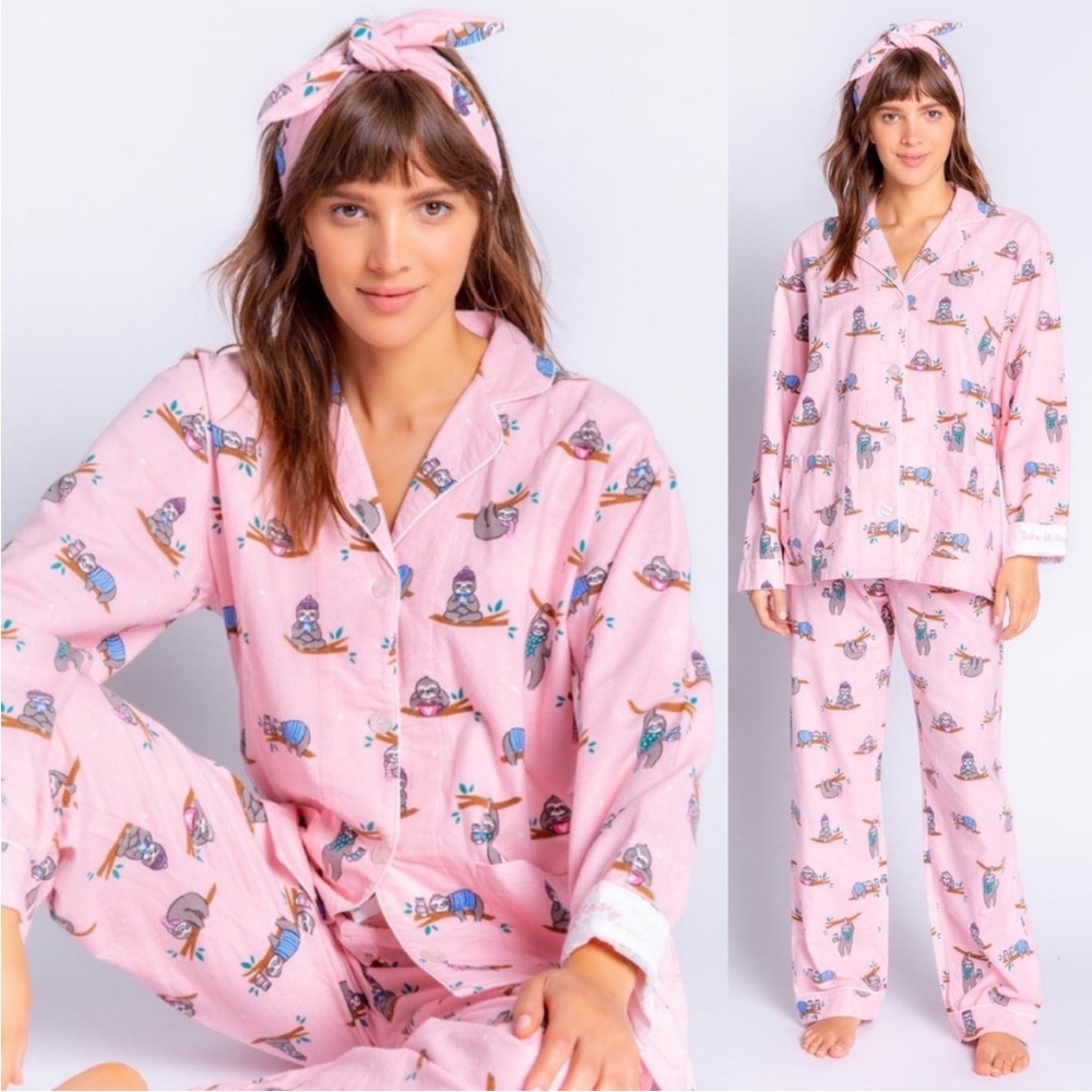 NWT PJ Salvage Sloth Take it Easy 2-Pc Flannel Sleep Sleepwear Pajama Set Pink S
